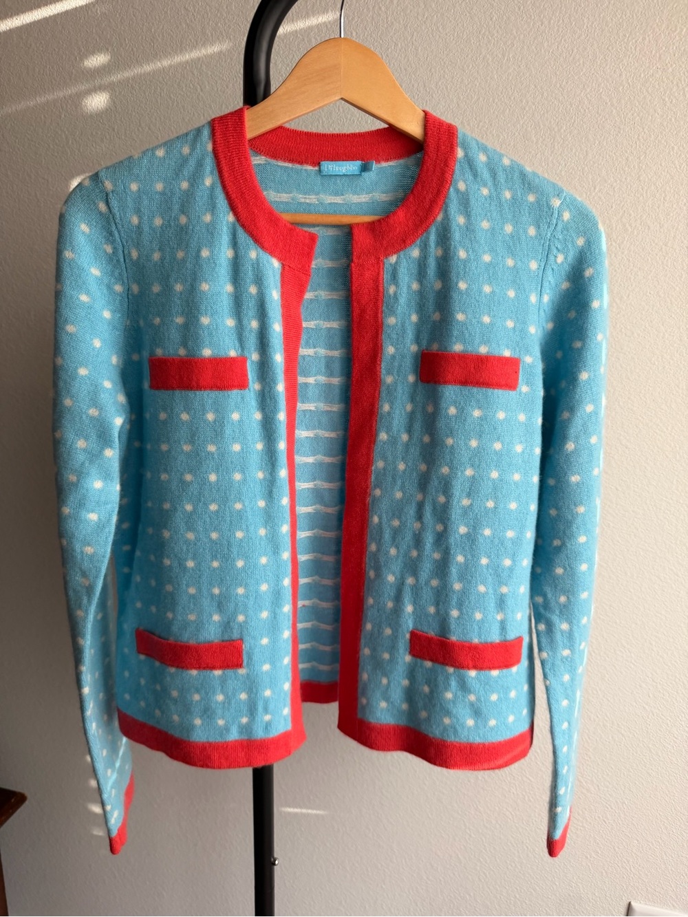 J. McLaughlin 100% Cashmere Polka Dot Cardigan Sweater Blue Red Size S